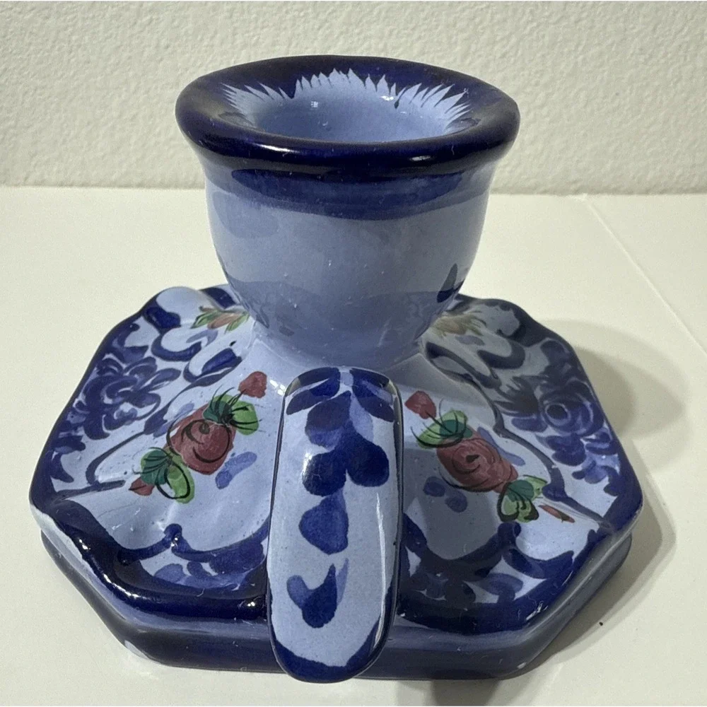 Vintage Portugal Hand Painted Ceramic Single Candle Holder Signed Handpainted‎